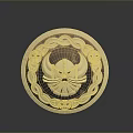 Weapon Themed Circular Golden Emblem With Decorative Patterns And Crossed Helmet Design