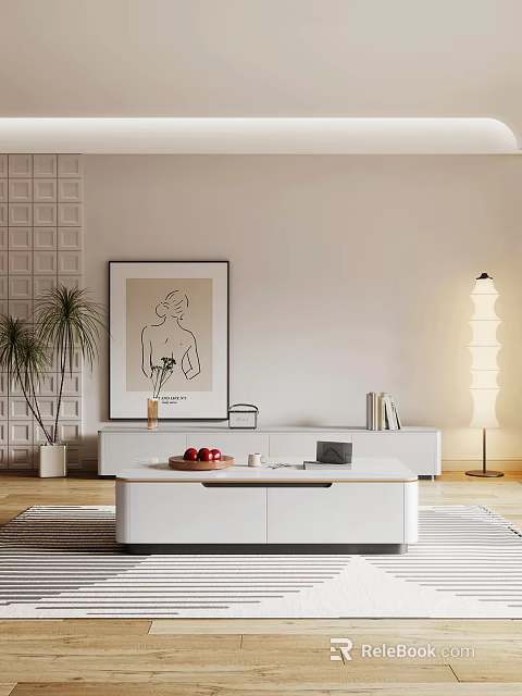 Modern Minimalist White TV Stand Living Room With Decorative Painting Potted Plant Floor Lamp And Books 3d model 