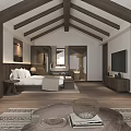 Luxury Hotel Room With King Bed Wooden Ceiling Floor To Ceiling Windows And Decorative Painting