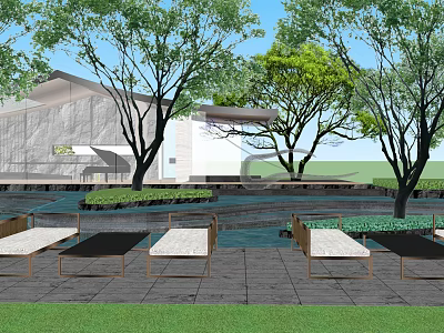 Modern Garden Landscape Featuring Modern Building Trees Water Feature Stone Paving And Benches 3d model
