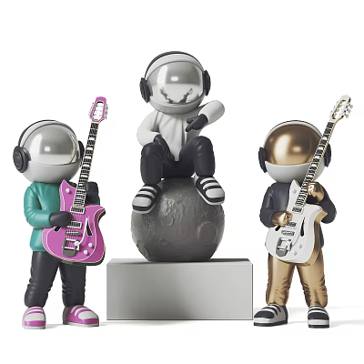 Modern Colorful Astronaut Sculptures Holding Guitar Sitting On Moon Base Figurine Design Details 3d model