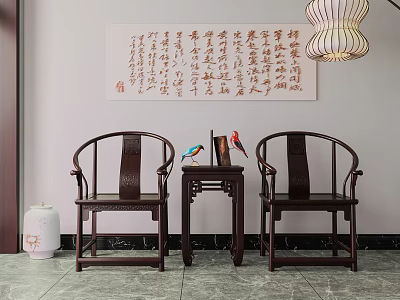 Traditional Chinese Wooden Single Chair with Classic Design and Calligraphy Wall Decor 3d model