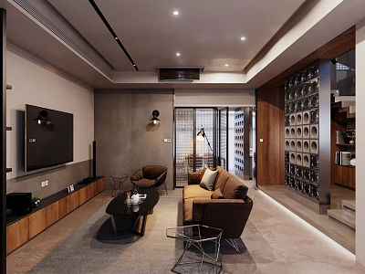 Modern Living And Dining Area Interior With Sofa Coffee Table TV Unit And Wine Rack 3d model