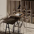 Modern Desk Interior With Transparent Chairs Bookshelf Table Lamp And Newspaper