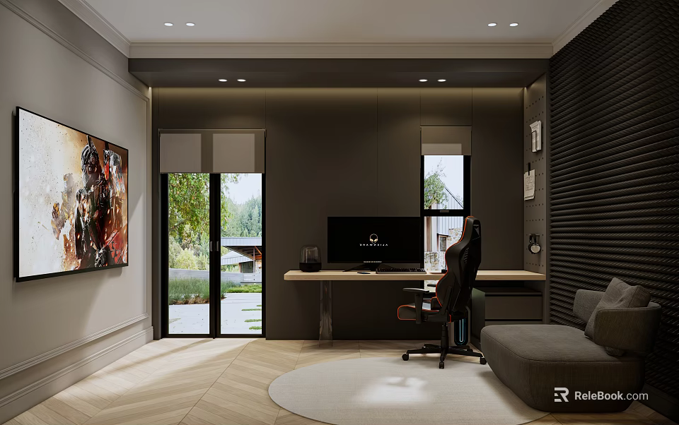 Modern Home Office Interior With Desk Computer Ergonomic Chair Window Artwork And Sofa 3d model 