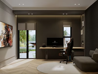 Modern Home Office Interior With Desk Computer Ergonomic Chair Window Artwork And Sofa 3d model
