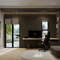 Modern Home Office Interior With Desk Computer Ergonomic Chair Window Artwork And Sofa