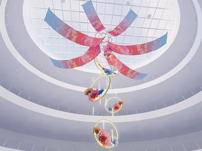 Hanging Decorations With Red And Blue Ribbons And Circular Frames In Ceiling Grid Space 3d model