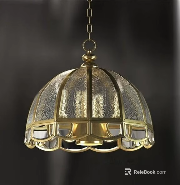 Elegant Vintage Chandelier With Gold Frame And Patterned Glass Shade Design 3d model 