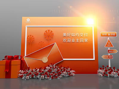 Photo Check In Spot With Orange Background Welcome Homeowners Gift Box Decorative Bouquets And Signposts 3d model