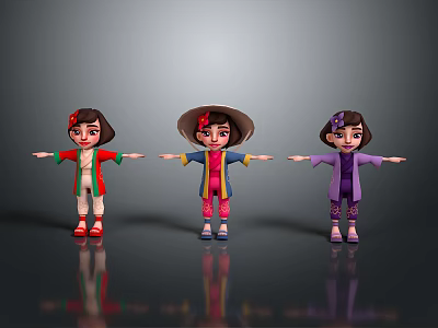 Three Cartoon Girls In Different Traditional Costumes With Hats Standing On Black Background With Reflections 3d model