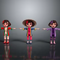 Three Cartoon Girls In Different Traditional Costumes With Hats Standing On Black Background With Reflections