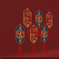 Chinese Traditional Festive Lanterns With Ji Character Patterns And Tassels On Red Background