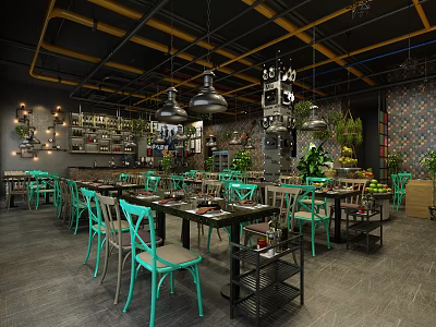 Industrial Style Restaurant Interior With Green Chairs Pendant Lights And Black Ceiling Yellow Beams 3d model