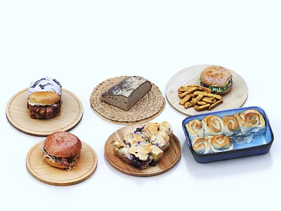 Assorted Delicious Food Selection On Wooden Plates Featuring Hamburgers Bread Fries And Rolls 3d model