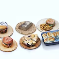 Assorted Delicious Food Selection On Wooden Plates Featuring Hamburgers Bread Fries And Rolls