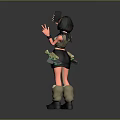 3D Female Character With Green Creature Accessory Holding Device And Making V Sign