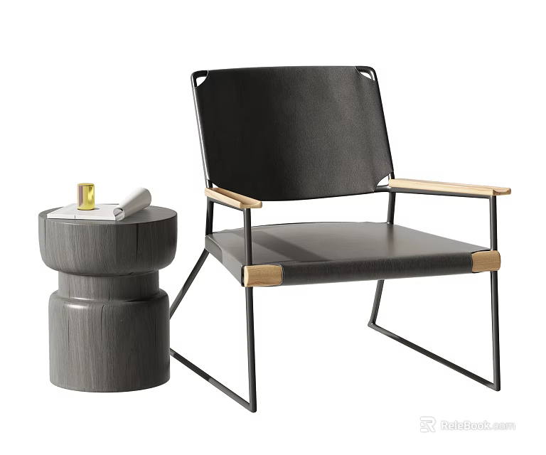 Modern Leisure Chair With Black Upholstery Wooden Armrests Metal Frame And Side Table 3d model 