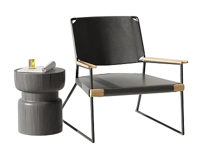 Modern Leisure Chair With Black Upholstery Wooden Armrests Metal Frame And Side Table 3d model