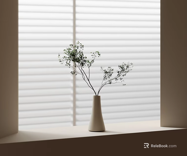 White Ceramic Vase Holding Green Leafy Twigs On Windowsill With White Blinds And Soft Light 3d model 