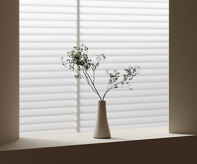 White Ceramic Vase Holding Green Leafy Twigs On Windowsill With White Blinds And Soft Light 3d model