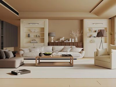 Modern Cozy Living Room Interior Design With White Sofa Wooden Coffee Table And Decorative Shelves 3d model