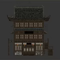 Traditional Chinese Ancient Architecture Two Story Wooden Structure With Tile Roof Overhanging Eaves And Lanterns