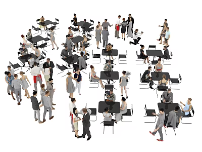 Multiple People In Indoor Space With Tables Chairs Sitting Standing And Interacting 3d model