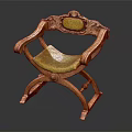 Vintage Wooden Leisure Chair With Carved Details And Yellow Padded Seat Backrest