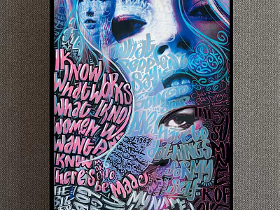 Vibrant Female Face Portrait With Multiple Overlapping Outlines And Text In Street Art Style 3d model