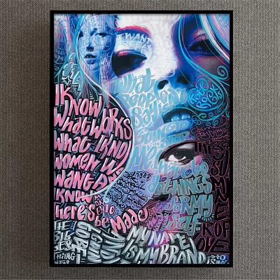 Vibrant Female Face Portrait With Multiple Overlapping Outlines And Text In Street Art Style 3d model