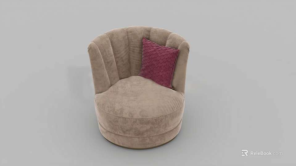 Elegant Light Brown Single Sofa With Scalloped Backrest And Red Decorative Cushion 3d model
