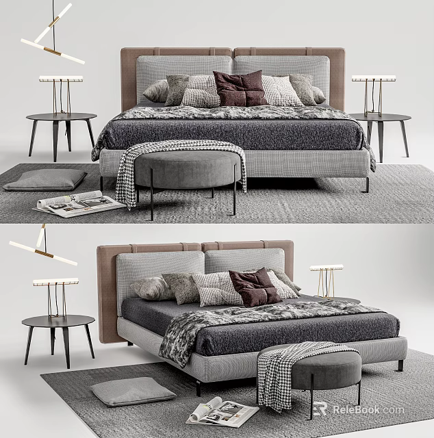 Modern Double Bed with Gray Bedding Maroon Pillows Bedside Tables Stool and Area Rug 3d model 