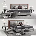 Modern Double Bed with Gray Bedding Maroon Pillows Bedside Tables Stool and Area Rug