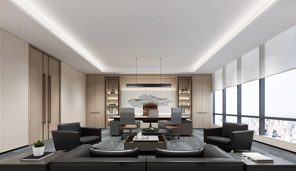 Modern Office Interior With Executive Desk Leather Chairs Wooden Bookshelves Sofa And Large Windows 3d model 
