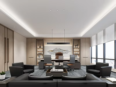 Modern Office Interior With Executive Desk Leather Chairs Wooden Bookshelves Sofa And Large Windows 3d model