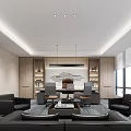 Modern Office Interior With Executive Desk Leather Chairs Wooden Bookshelves Sofa And Large Windows