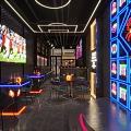 Modern Stylish Lounge Bar Interior With Neon Lights TV Sports Screen Wine Racks And Seating