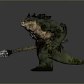Fierce Green Skinned Fantasy Monster With Spiked Armor Battle Axe And Blood Stains