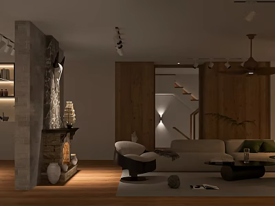 Cozy Warm Natural Living And Dining Room With Stone Fireplace And Soft Ambient Lighting 3d model