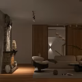 Cozy Warm Natural Living And Dining Room With Stone Fireplace And Soft Ambient Lighting