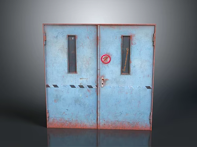 Rusted Blue Double Doors With Glass Panels Red Sign And Warning Stripes 3d model
