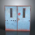 Rusted Blue Double Doors With Glass Panels Red Sign And Warning Stripes