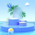 Blue E Commerce Display Stand With Steps Water Palm Tree Beach Ball And Cloud 3d model