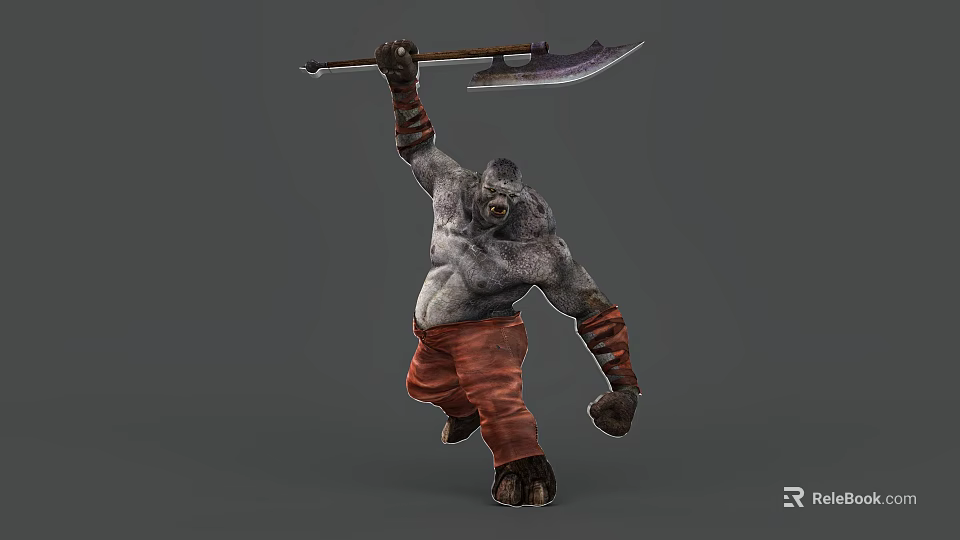 Game Movie Monster Character With Muscular Gray Skin Red Pants Raising Giant Axe Fierce Expression 3d model 
