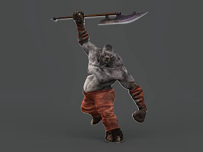 Game Movie Monster Character With Muscular Gray Skin Red Pants Raising Giant Axe Fierce Expression 3d model