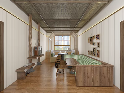 Cozy Wooden Interior Space With Checkered Bench Pictures On Wall And Window 3d model