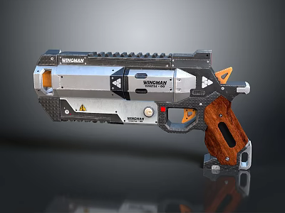 UNIGUN Futuristic Weapon With Metal Body Wooden Grip And Warning Sign Design Features 3d model