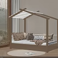 Wooden Kids Bed with House-Shaped Roof Pillows Blanket and Round Rug in Bright Room