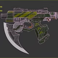 Futuristic Sci Fi Weapon With Green Yellow Design And Sickle Blade 3d model
